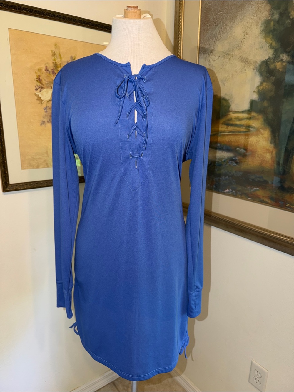 HIHO (Made in Peru) Royal Blue Lace-Up Long Sleeve Tunic Dress Size Large